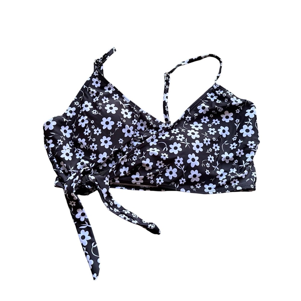 Womens Black White Floral Daisy Print Front Tie Bikini Top Swimwear Size‎ Large